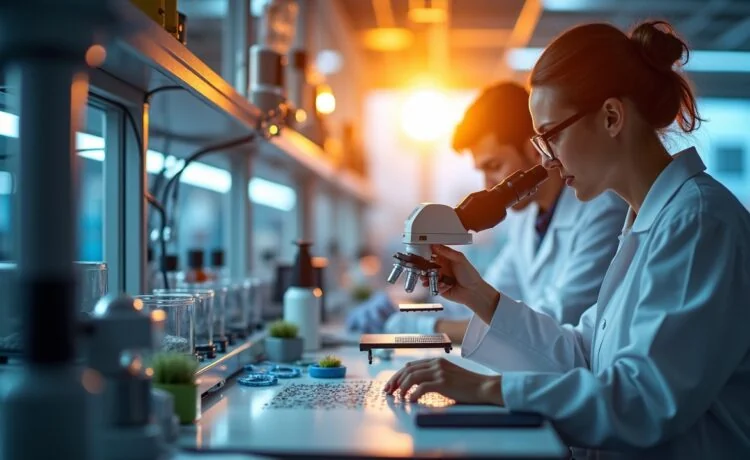 Ein sonnendurchflutetes, modern eingerichtetes Hightech-Labor mit fokussierten Ingenieuren, die konzentriert an mikroskopisch kleinen Chipstrukturen arbeiten, eingefangen in lebendigen Farben und warmem Tageslicht, das Hoffnung und Innovation ausstrahlt.