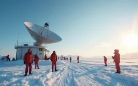 Eine sonnenbeschienene, moderne Forschungsstation in der Antarktis, umgeben von strahlend weißem Eis und tiefblauem Himmel, mit Forschern in warmer Kleidung, die entspannt vor einem hochmodernen Starlink-Satellitenantenne-Setup stehen und dabei freundlich lächeln, während die klare Wintersonne die frostige Landschaft in warmes, goldenes Licht taucht und eine Atmosphäre von Hoffnung, technologischer Verbindung und menschlicher Nähe am Ende der Welt schafft.