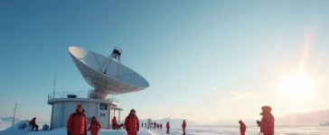 Eine sonnenbeschienene, moderne Forschungsstation in der Antarktis, umgeben von strahlend weißem Eis und tiefblauem Himmel, mit Forschern in warmer Kleidung, die entspannt vor einem hochmodernen Starlink-Satellitenantenne-Setup stehen und dabei freundlich lächeln, während die klare Wintersonne die frostige Landschaft in warmes, goldenes Licht taucht und eine Atmosphäre von Hoffnung, technologischer Verbindung und menschlicher Nähe am Ende der Welt schafft.