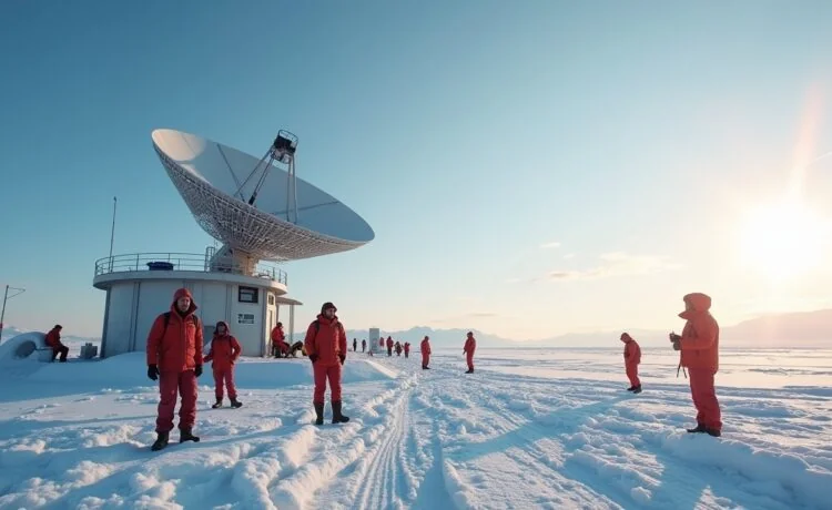 Eine sonnenbeschienene, moderne Forschungsstation in der Antarktis, umgeben von strahlend weißem Eis und tiefblauem Himmel, mit Forschern in warmer Kleidung, die entspannt vor einem hochmodernen Starlink-Satellitenantenne-Setup stehen und dabei freundlich lächeln, während die klare Wintersonne die frostige Landschaft in warmes, goldenes Licht taucht und eine Atmosphäre von Hoffnung, technologischer Verbindung und menschlicher Nähe am Ende der Welt schafft.