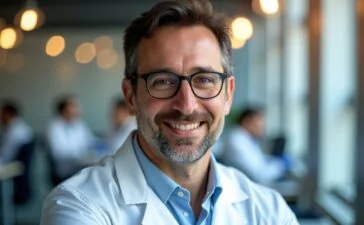 Ein strahlendes Porträt von Dr. Alessandro Curioni in einem modernen Forschungsbüro, umgeben von natürlichem Tageslicht und subtilen Details hochwertiger Technik, das durch warme Farbtöne und einen freundlichen Gesichtsausdruck die aufstrebende Zukunft der Quantencomputing-Technologie lebendig und nahbar vermittelt.