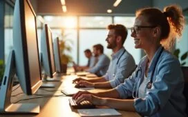 In einem hell erleuchteten, modernen Büro mit warmen Holzakzenten sitzen mehrere engagierte IT-Experten konzentriert an ihren Computern, während im Hintergrund eine medizinische Praxis-Umgebung mit freundlichen Gesichtern und natürlichem Tageslicht eine Atmosphäre von Vertrauen und digitaler Transformation vermittelt.