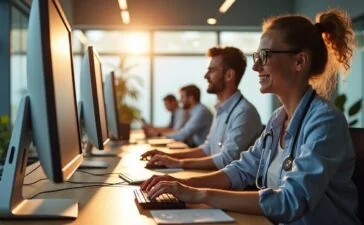 In einem hell erleuchteten, modernen Büro mit warmen Holzakzenten sitzen mehrere engagierte IT-Experten konzentriert an ihren Computern, während im Hintergrund eine medizinische Praxis-Umgebung mit freundlichen Gesichtern und natürlichem Tageslicht eine Atmosphäre von Vertrauen und digitaler Transformation vermittelt.