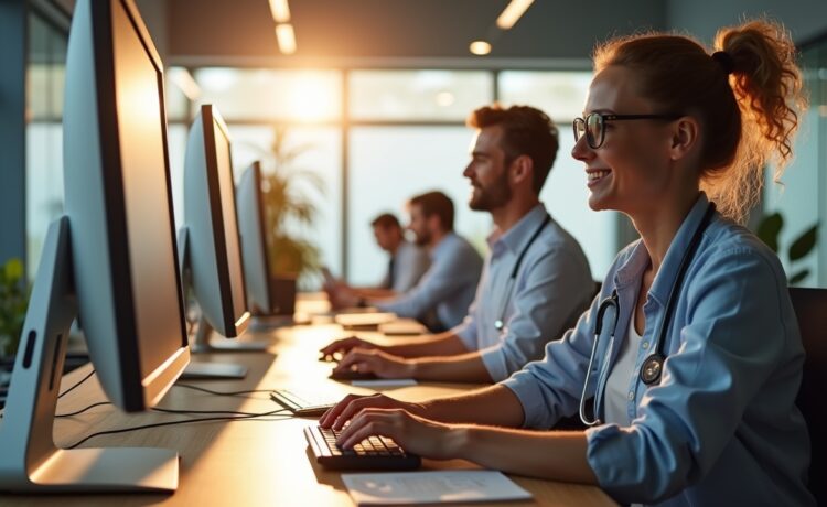 In einem hell erleuchteten, modernen Büro mit warmen Holzakzenten sitzen mehrere engagierte IT-Experten konzentriert an ihren Computern, während im Hintergrund eine medizinische Praxis-Umgebung mit freundlichen Gesichtern und natürlichem Tageslicht eine Atmosphäre von Vertrauen und digitaler Transformation vermittelt.