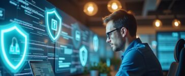 Ein strahlend beleuchtetes, modernes Büro mit einem konzentrierten IT-Sicherheitsexperten am Laptop, umgeben von digitalen Schutzsymbolen auf transparenten Bildschirmen, die eine warme, vertrauensvolle Atmosphäre von Innovation und strategischer Zukunftssicherung ausstrahlen.