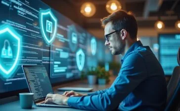 Ein strahlend beleuchtetes, modernes Büro mit einem konzentrierten IT-Sicherheitsexperten am Laptop, umgeben von digitalen Schutzsymbolen auf transparenten Bildschirmen, die eine warme, vertrauensvolle Atmosphäre von Innovation und strategischer Zukunftssicherung ausstrahlen.