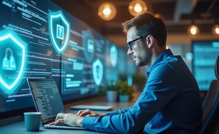 Ein strahlend beleuchtetes, modernes Büro mit einem konzentrierten IT-Sicherheitsexperten am Laptop, umgeben von digitalen Schutzsymbolen auf transparenten Bildschirmen, die eine warme, vertrauensvolle Atmosphäre von Innovation und strategischer Zukunftssicherung ausstrahlen.