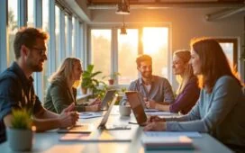 Ein strahlendes, natürlich beleuchtetes Büro mit einem motivierten Team unterschiedlicher Fachleute, die in einem modernen Innovationslabor angeregt an nachhaltigen Technologien und KI-Projekten arbeiten, während durch große Fenster warmes Tageslicht fällt und eine optimistische, zukunftsweisende Atmosphäre schafft.