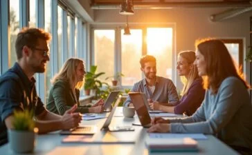 Ein strahlendes, natürlich beleuchtetes Büro mit einem motivierten Team unterschiedlicher Fachleute, die in einem modernen Innovationslabor angeregt an nachhaltigen Technologien und KI-Projekten arbeiten, während durch große Fenster warmes Tageslicht fällt und eine optimistische, zukunftsweisende Atmosphäre schafft.