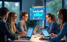 Ein lichtdurchflutetes, modern gestaltetes Büro mit einem Team aus engagierten Entwickler:innen und Tester:innen, die mit Laptops und digitalen Dashboard-Displays in intensiver Zusammenarbeit eine Zukunft gestalten, geprägt von smarter KI-gestützter Softwarequalitätssicherung und lebendiger Innovationsfreude.