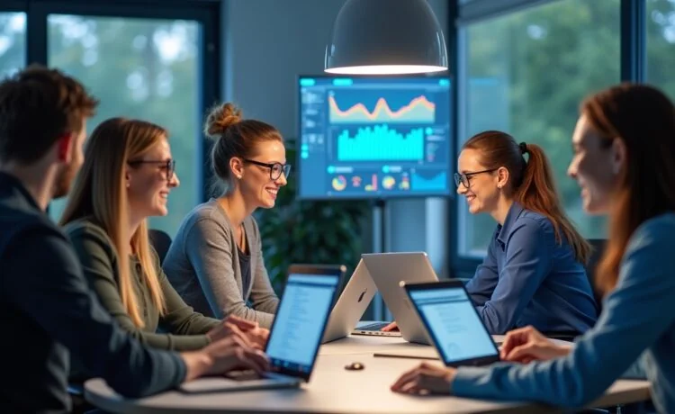 Ein lichtdurchflutetes, modern gestaltetes Büro mit einem Team aus engagierten Entwickler:innen und Tester:innen, die mit Laptops und digitalen Dashboard-Displays in intensiver Zusammenarbeit eine Zukunft gestalten, geprägt von smarter KI-gestützter Softwarequalitätssicherung und lebendiger Innovationsfreude.