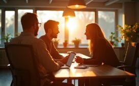 Eine helle, einladende Büroszene mit modernen, digital vernetzten Fachkräften in angeregtem Gespräch, umgeben von natürlichem Tageslicht und warmen Holztönen, die gemeinsam optimistisch die Zukunft der KI-Arbeitswelt gestalten.