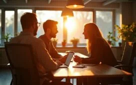 Eine helle, einladende Büroszene mit modernen, digital vernetzten Fachkräften in angeregtem Gespräch, umgeben von natürlichem Tageslicht und warmen Holztönen, die gemeinsam optimistisch die Zukunft der KI-Arbeitswelt gestalten.