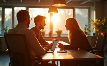 Eine helle, einladende Büroszene mit modernen, digital vernetzten Fachkräften in angeregtem Gespräch, umgeben von natürlichem Tageslicht und warmen Holztönen, die gemeinsam optimistisch die Zukunft der KI-Arbeitswelt gestalten.