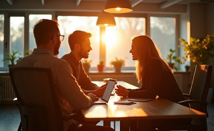 Eine helle, einladende Büroszene mit modernen, digital vernetzten Fachkräften in angeregtem Gespräch, umgeben von natürlichem Tageslicht und warmen Holztönen, die gemeinsam optimistisch die Zukunft der KI-Arbeitswelt gestalten.