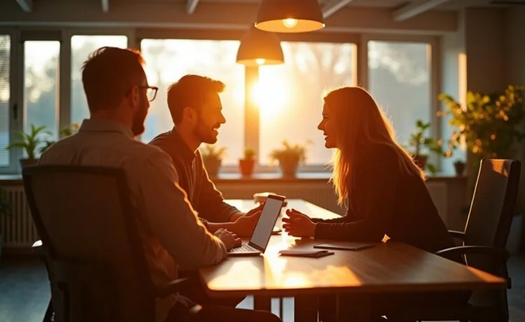 Eine helle, einladende Büroszene mit modernen, digital vernetzten Fachkräften in angeregtem Gespräch, umgeben von natürlichem Tageslicht und warmen Holztönen, die gemeinsam optimistisch die Zukunft der KI-Arbeitswelt gestalten.