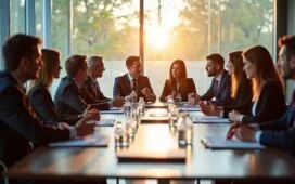In einem hell erleuchteten, modernen Konferenzraum diskutieren diverse, konzentrierte Führungskräfte in stilvoller Business-Kleidung lebhaft über Technologie und Investitionen, während das weiche Tageslicht durch große Fenster fällt und eine Atmosphäre von Hoffnung, Dynamik und vertrauensvollem Austausch schafft.