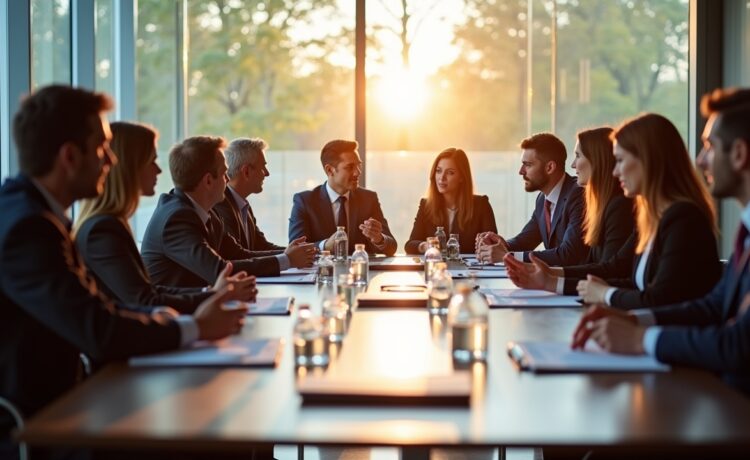 In einem hell erleuchteten, modernen Konferenzraum diskutieren diverse, konzentrierte Führungskräfte in stilvoller Business-Kleidung lebhaft über Technologie und Investitionen, während das weiche Tageslicht durch große Fenster fällt und eine Atmosphäre von Hoffnung, Dynamik und vertrauensvollem Austausch schafft.