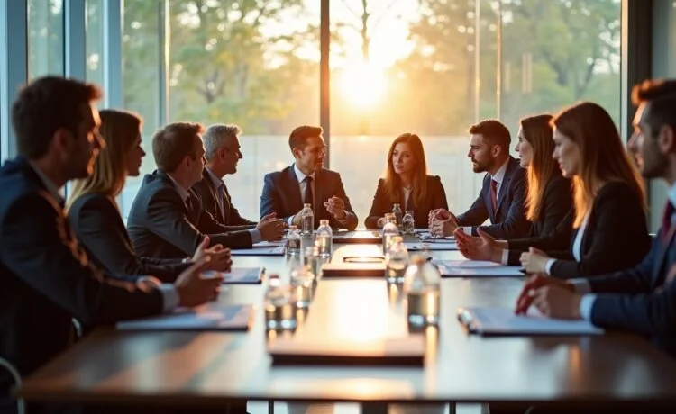 In einem hell erleuchteten, modernen Konferenzraum diskutieren diverse, konzentrierte Führungskräfte in stilvoller Business-Kleidung lebhaft über Technologie und Investitionen, während das weiche Tageslicht durch große Fenster fällt und eine Atmosphäre von Hoffnung, Dynamik und vertrauensvollem Austausch schafft.