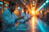 In einem modernen Hightech-Labor erstrahlt im warmen, natürlichen Tageslicht ein Team engagierter Ingenieure und Wissenschaftler konzentriert vor futuristischen Fusionsanlagen und leuchtenden Displays, die Hoffnung und Pioniergeist für die saubere Energie der Zukunft vermitteln.