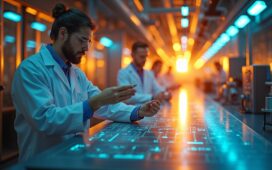 In einem modernen Hightech-Labor erstrahlt im warmen, natürlichen Tageslicht ein Team engagierter Ingenieure und Wissenschaftler konzentriert vor futuristischen Fusionsanlagen und leuchtenden Displays, die Hoffnung und Pioniergeist für die saubere Energie der Zukunft vermitteln.