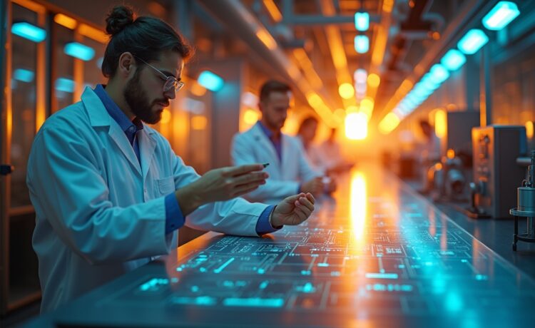 In einem modernen Hightech-Labor erstrahlt im warmen, natürlichen Tageslicht ein Team engagierter Ingenieure und Wissenschaftler konzentriert vor futuristischen Fusionsanlagen und leuchtenden Displays, die Hoffnung und Pioniergeist für die saubere Energie der Zukunft vermitteln.