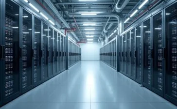 Ein modernes Hyperscale-Rechenzentrum mit eleganten, hochdichten Serverracks, sanft von natürlichem Tageslicht durchflutet, in dem kühle Flüssigkeitsleitungen und modulare Stromverteilersysteme harmonisch zusammenwirken und eine Atmosphäre von zukunftsweisender Technologie und nachhaltiger Effizienz ausstrahlen.