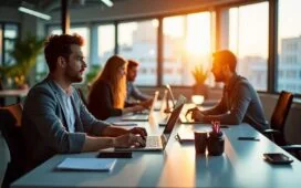 Ein hell erleuchtetes, modernes Büro mit mehreren Mitarbeitenden, die konzentriert an Laptops und digitalen Geräten arbeiten, umgeben von großen Fenstern, die warmes Tageslicht hereinlassen und eine freundliche, produktive Atmosphäre schaffen, die den Fokus auf innovative KI-Technologien im Unternehmensalltag spiegelt.