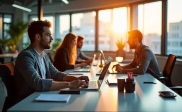 Ein hell erleuchtetes, modernes Büro mit mehreren Mitarbeitenden, die konzentriert an Laptops und digitalen Geräten arbeiten, umgeben von großen Fenstern, die warmes Tageslicht hereinlassen und eine freundliche, produktive Atmosphäre schaffen, die den Fokus auf innovative KI-Technologien im Unternehmensalltag spiegelt.