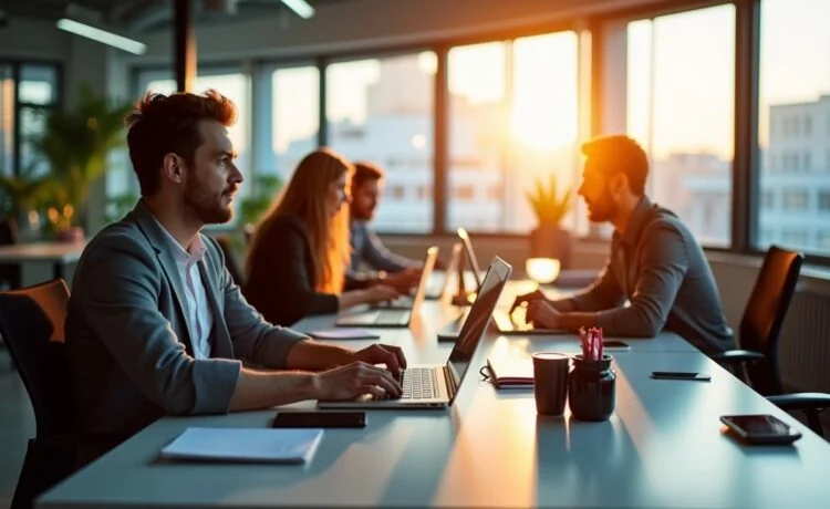 Ein hell erleuchtetes, modernes Büro mit mehreren Mitarbeitenden, die konzentriert an Laptops und digitalen Geräten arbeiten, umgeben von großen Fenstern, die warmes Tageslicht hereinlassen und eine freundliche, produktive Atmosphäre schaffen, die den Fokus auf innovative KI-Technologien im Unternehmensalltag spiegelt.