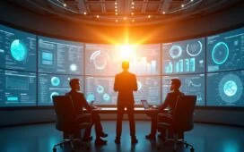 Ein sonnendurchfluteter, moderner Kontrollraum mit einem Expertenteam, das konzentriert vor großen, transparenten Bildschirmen sitzt, welche KI-gestützte Datenströme und Radarabdeckungen in Echtzeit visualisieren – die warme Lichtstimmung vermittelt Zuversicht und Innovation im Kampf gegen digitale Bedrohungen.