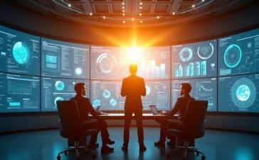 Ein sonnendurchfluteter, moderner Kontrollraum mit einem Expertenteam, das konzentriert vor großen, transparenten Bildschirmen sitzt, welche KI-gestützte Datenströme und Radarabdeckungen in Echtzeit visualisieren – die warme Lichtstimmung vermittelt Zuversicht und Innovation im Kampf gegen digitale Bedrohungen.