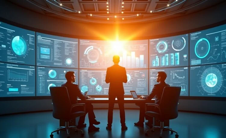 Ein sonnendurchfluteter, moderner Kontrollraum mit einem Expertenteam, das konzentriert vor großen, transparenten Bildschirmen sitzt, welche KI-gestützte Datenströme und Radarabdeckungen in Echtzeit visualisieren – die warme Lichtstimmung vermittelt Zuversicht und Innovation im Kampf gegen digitale Bedrohungen.
