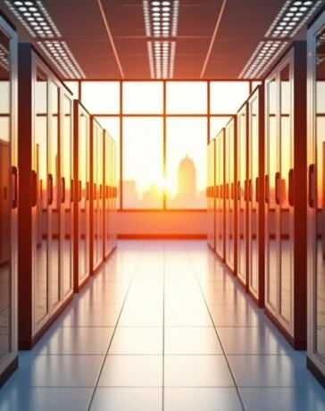 Ein strahlend helles, filmisch inszeniertes Foto eines modernen Serverraums, in dem sanft warmes Tageslicht durch große Fenster fällt und die glänzenden, dicht bestückten KI-Serverracks mit hochentwickelten Grafikprozessoren in lebendigen Details und realistischen Texturen zum Leben erweckt, während die ruhige Atmosphäre Innovation und die Zukunft digitaler Infrastruktur eindrucksvoll widerspiegelt.