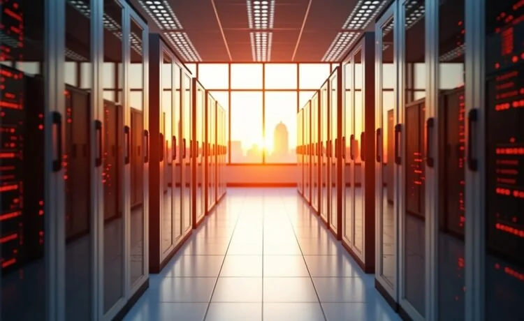 Ein strahlend helles, filmisch inszeniertes Foto eines modernen Serverraums, in dem sanft warmes Tageslicht durch große Fenster fällt und die glänzenden, dicht bestückten KI-Serverracks mit hochentwickelten Grafikprozessoren in lebendigen Details und realistischen Texturen zum Leben erweckt, während die ruhige Atmosphäre Innovation und die Zukunft digitaler Infrastruktur eindrucksvoll widerspiegelt.