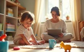 Ein sonnendurchflutetes Kinderzimmer mit liebevoll spielendem Kleinkind, das neben sorgsam ausgewählten, modernen Lernspielzeugen mit integrierter Technik sitzt, während eine entspannte Mutter aufmerksam und warm lächelnd im Hintergrund mit einem Tablet die kindliche digitale Entdeckung begleitet – ein harmonisches Bild von behutsamer Elternschaft und verantwortungsvollem Umgang mit KI im Alltag.