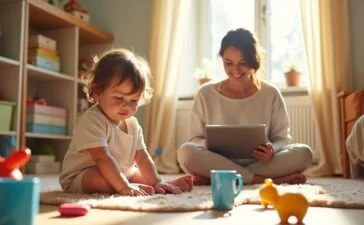 Ein sonnendurchflutetes Kinderzimmer mit liebevoll spielendem Kleinkind, das neben sorgsam ausgewählten, modernen Lernspielzeugen mit integrierter Technik sitzt, während eine entspannte Mutter aufmerksam und warm lächelnd im Hintergrund mit einem Tablet die kindliche digitale Entdeckung begleitet – ein harmonisches Bild von behutsamer Elternschaft und verantwortungsvollem Umgang mit KI im Alltag.