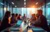 Ein hell erleuchtetes modernes Büro, in dem ein diverses Team engagiert um einen Tisch versammelt ist, lebhaft über Daten auf Laptops und großflächigen Bildschirmen diskutiert, während sanftes Tageslicht warme Akzente auf freundliche Gesichter und detailreiche Technikobjekte wirft und so die spannungsgeladene Atmosphäre des Übergangs von KI-Innovation zu produktiver Anwendung einfängt.