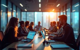 Ein hell erleuchtetes modernes Büro, in dem ein diverses Team engagiert um einen Tisch versammelt ist, lebhaft über Daten auf Laptops und großflächigen Bildschirmen diskutiert, während sanftes Tageslicht warme Akzente auf freundliche Gesichter und detailreiche Technikobjekte wirft und so die spannungsgeladene Atmosphäre des Übergangs von KI-Innovation zu produktiver Anwendung einfängt.