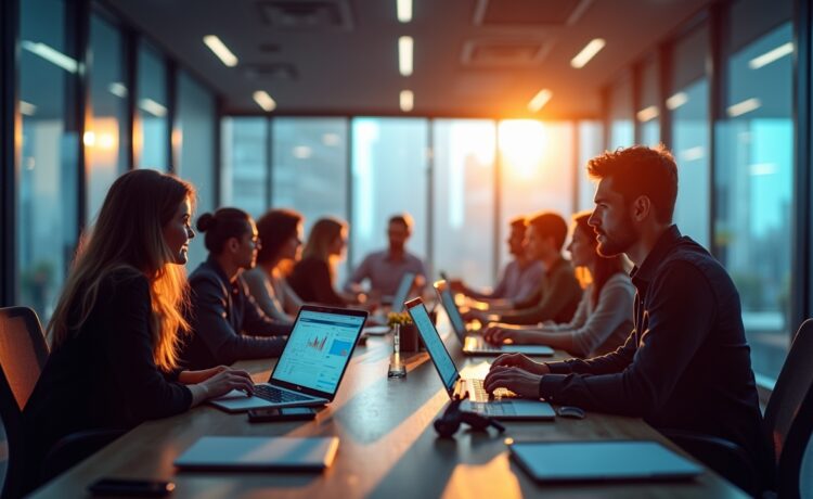 Ein hell erleuchtetes modernes Büro, in dem ein diverses Team engagiert um einen Tisch versammelt ist, lebhaft über Daten auf Laptops und großflächigen Bildschirmen diskutiert, während sanftes Tageslicht warme Akzente auf freundliche Gesichter und detailreiche Technikobjekte wirft und so die spannungsgeladene Atmosphäre des Übergangs von KI-Innovation zu produktiver Anwendung einfängt.