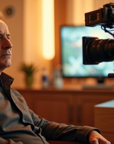 Ein lichtdurchflutetes Filmset-Interieur mit James Cameron in entspannter Pose, umgeben von moderner Kamera- und KI-Technologie, das die harmonische Verbindung von menschlicher Kreativität und innovativen digitalen Werkzeugen in warmen, einladenden Farben einfängt.