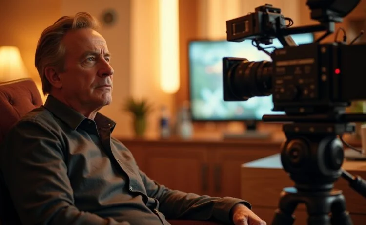 Ein lichtdurchflutetes Filmset-Interieur mit James Cameron in entspannter Pose, umgeben von moderner Kamera- und KI-Technologie, das die harmonische Verbindung von menschlicher Kreativität und innovativen digitalen Werkzeugen in warmen, einladenden Farben einfängt.