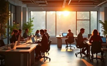 In einem lichtdurchfluteten, modernen Büro sitzen Entwickler und Redakteure entspannt an hellen Holztischen, umgeben von warmen Farbtönen und natürlichem Tageslicht, während sie konzentriert an Laptops arbeiten und gemeinsam die neuen, KI-gestützten Features von WordPress 6.9 diskutieren – ein einladendes Bild von Innovation, Zusammenarbeit und digitalem Fortschritt.