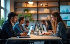 Ein lichtdurchflutetes Büro mit jungen Fachkräften in angeregtem Austausch vor Bildschirmen, deren natürliche Mimik und warme Farbtöne Optimismus und den dynamischen Wandel durch KI in der Arbeitswelt widerspiegeln.