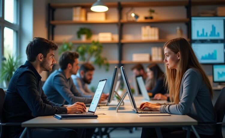 Ein lichtdurchflutetes Büro mit jungen Fachkräften in angeregtem Austausch vor Bildschirmen, deren natürliche Mimik und warme Farbtöne Optimismus und den dynamischen Wandel durch KI in der Arbeitswelt widerspiegeln.