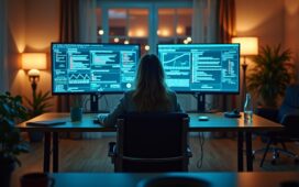 Eine warme, natürlich beleuchtete Szene in einem modernen, hellen Büro, in der eine nachdenkliche Person zwischen digitalen Bildschirmen sitzt, die komplexe KI-Algorithmen zeigen, und so die ethische Spannung zwischen menschlichem Bewusstsein und künstlicher Intelligenz lebendig vermittelt.