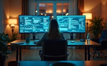 Eine warme, natürlich beleuchtete Szene in einem modernen, hellen Büro, in der eine nachdenkliche Person zwischen digitalen Bildschirmen sitzt, die komplexe KI-Algorithmen zeigen, und so die ethische Spannung zwischen menschlichem Bewusstsein und künstlicher Intelligenz lebendig vermittelt.