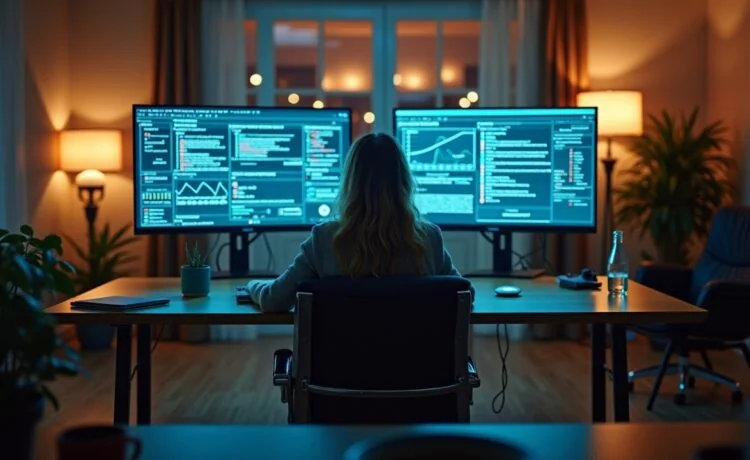 Eine warme, natürlich beleuchtete Szene in einem modernen, hellen Büro, in der eine nachdenkliche Person zwischen digitalen Bildschirmen sitzt, die komplexe KI-Algorithmen zeigen, und so die ethische Spannung zwischen menschlichem Bewusstsein und künstlicher Intelligenz lebendig vermittelt.