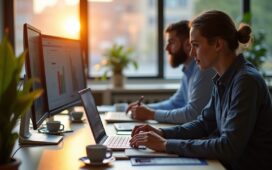 In einem hell erleuchteten, modernen Büro mit großen Fenstern, die warmes Tageslicht hereinlassen, analysiert ein dynamisches, inspirierend wirkendes Team aus jungen Fachleuten unterschiedliche Finanz- und Technik-Daten auf Bildschirmen und Tablets, während eine elegante Kaffeetasse und dezente Pflanzen eine freundliche, produktive Atmosphäre schaffen, die den Wandel und die nüchterne Bilanz der KI-getriebenen Börsenwelt nach drei Jahren ChatGPT lebendig widerspiegelt.