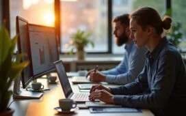 In einem hell erleuchteten, modernen Büro mit großen Fenstern, die warmes Tageslicht hereinlassen, analysiert ein dynamisches, inspirierend wirkendes Team aus jungen Fachleuten unterschiedliche Finanz- und Technik-Daten auf Bildschirmen und Tablets, während eine elegante Kaffeetasse und dezente Pflanzen eine freundliche, produktive Atmosphäre schaffen, die den Wandel und die nüchterne Bilanz der KI-getriebenen Börsenwelt nach drei Jahren ChatGPT lebendig widerspiegelt.